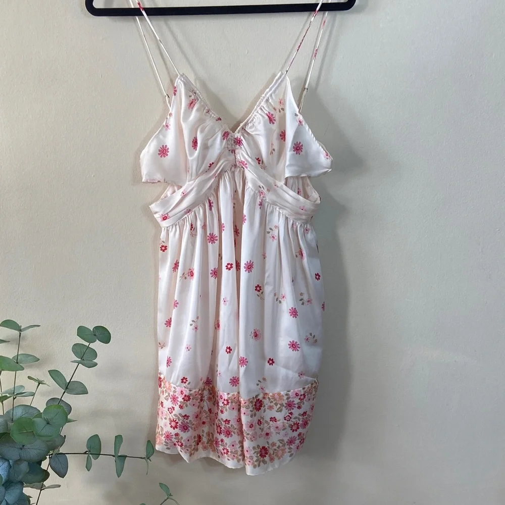 Free People Oasis Placed Floral Mini Slip Dress Cutout Satin Pink White L New - Picture 2 of 11